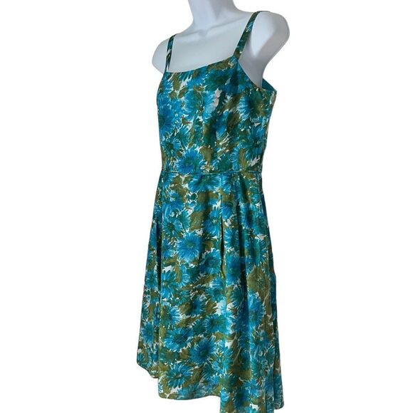 Talbots Fit Flare Green Teal Floral 100% Cotton Strap feminine Summer Dress 8P - Picture 1 of 11